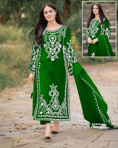 3Pc Independence Day Set: Green/White Shirt & Dupatta