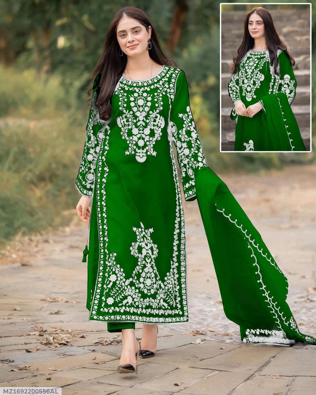 3Pc Independence Day Set: Green/White Shirt & Dupatta