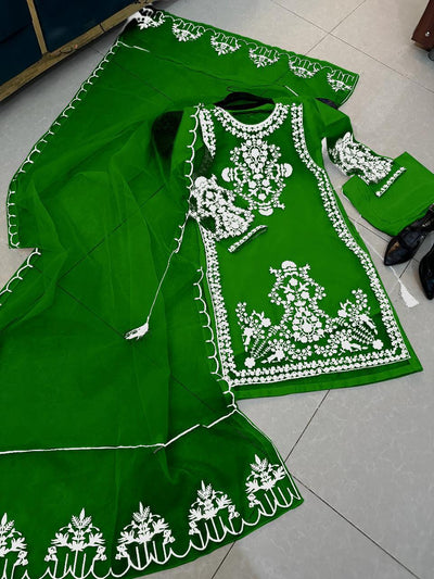 3Pc Independence Day Set: Green/White Shirt & Dupatta