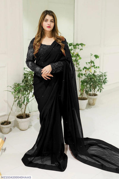 3 Pcs Women's Chiffon Sequins Embroidered Stitched Saree