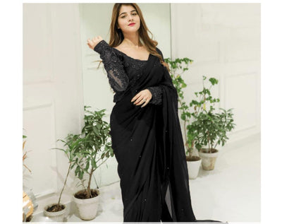 3 Pcs Women's Chiffon Sequins Embroidered Stitched Saree