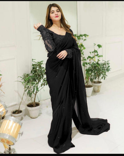 3 Pcs Women's Chiffon Sequins Embroidered Stitched Saree