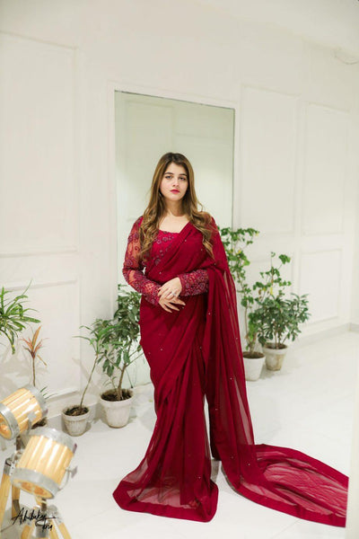 3 Pcs Women's Chiffon Sequins Embroidered Stitched Saree