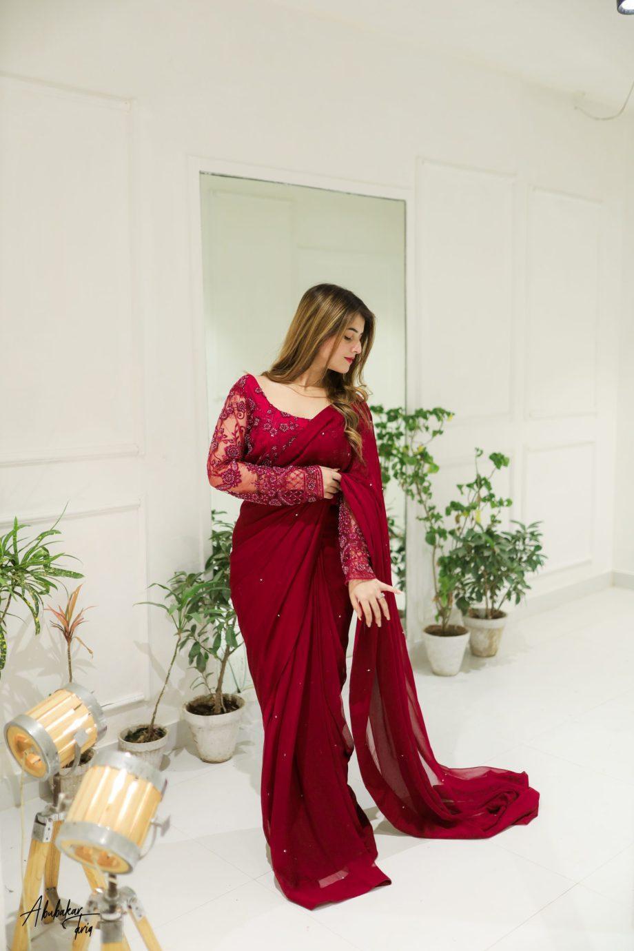 3 Pcs Women's Chiffon Sequins Embroidered Stitched Saree