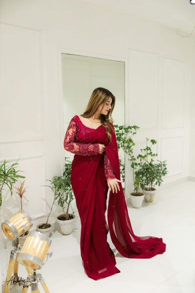 3 Pcs Women's Chiffon Sequins Embroidered Stitched Saree