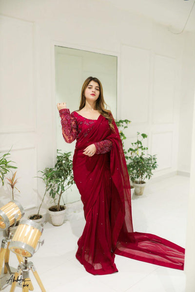 3 Pcs Women's Chiffon Sequins Embroidered Stitched Saree